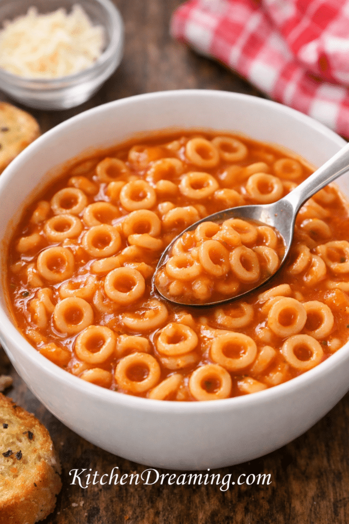 Hero image of Homemade Spaghettios in a bowl, an easy one pot homemade spaghettios recipe that is kid friendly and creamy.