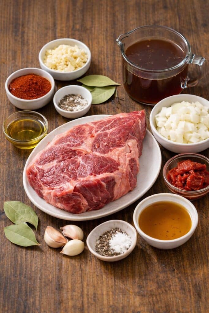 Ingredients for Slow Cooker Portuguese Pot Roast including beef chuck roast garlic and paprika.