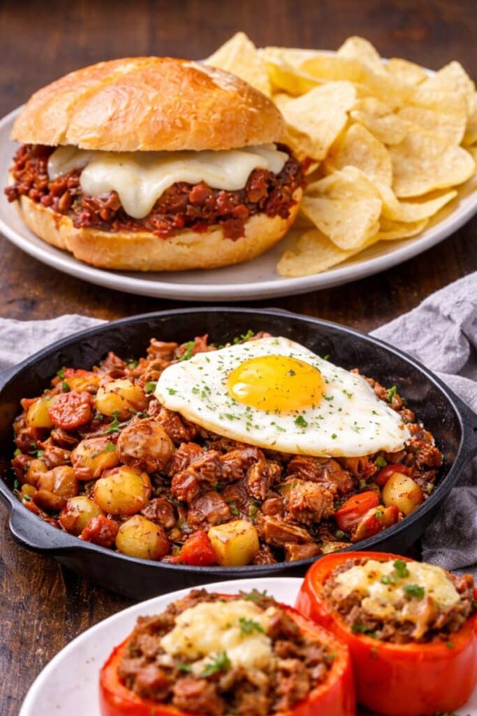 Leftover Slow Cooker Portuguese Pot Roast used for sandwiches and skillet meals