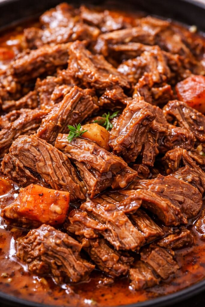 Close up of Slow Cooker Portuguese Pot Roast showing tender shredded beef texture.