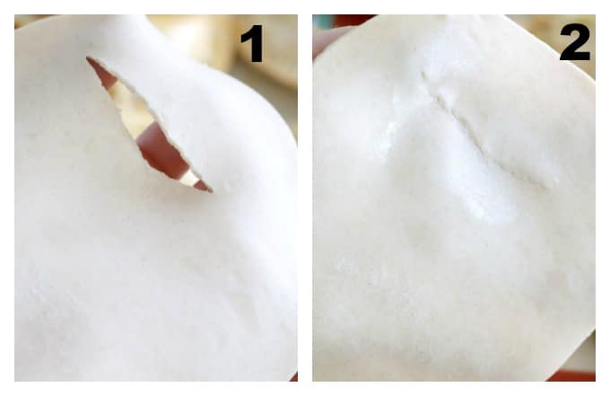 two images showing how to fix a tear in the empanada disk. First, wet the edge of the tear, then on a flat surface, pinch the dough together and crimp it back together.