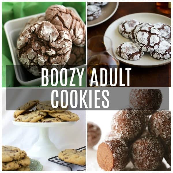 a collage of spiked boozy adult cookies including rum balls, snockerdoodles, chocolate krinkle, and chocolate chip.