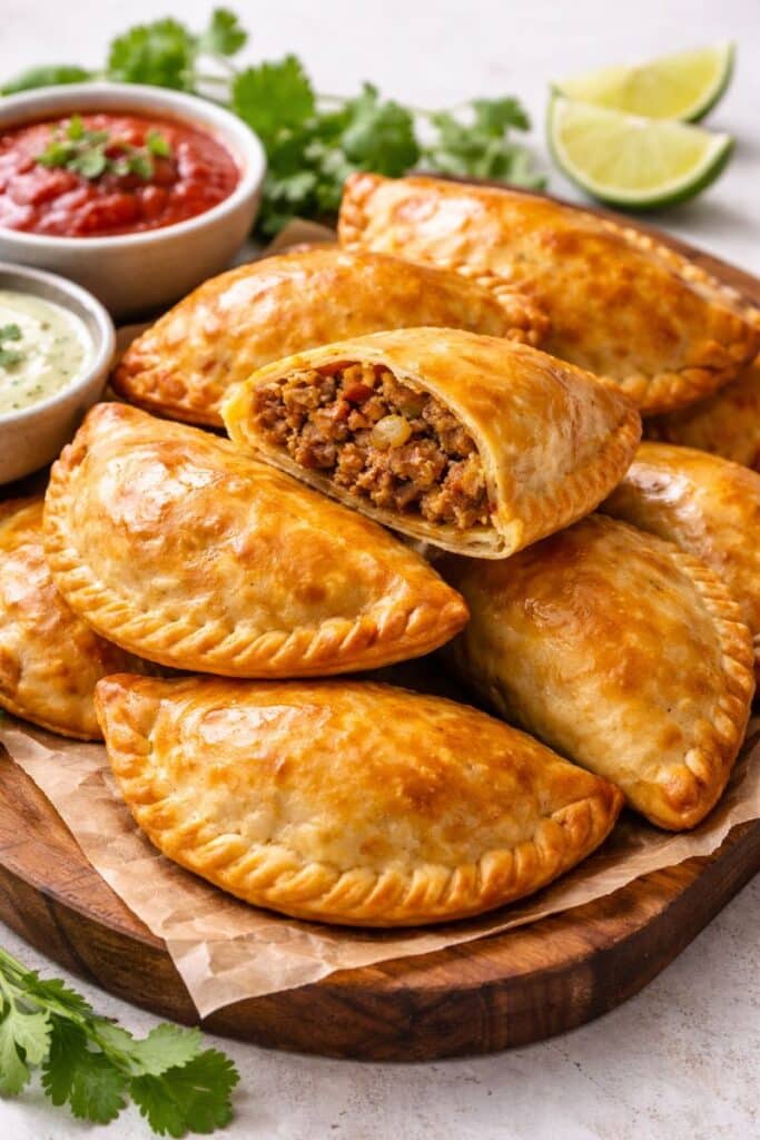Stack of 30 minute Cuban beef empanadas on a wooden board, with one cut open to show beef, peppers, and green olives, plus salsa and lime in the background.