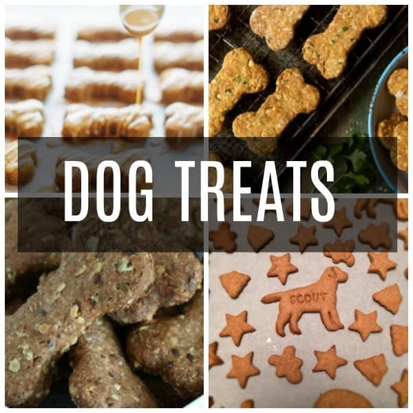 a collage of dog treats including peanut butter, best in breed, and super healthy. 