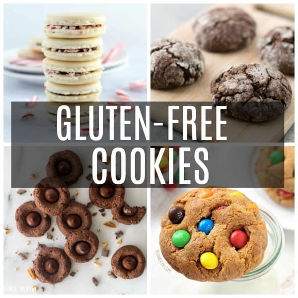 a collage of gluten-free cookies including M&M, thumbprint, macarons, and chocolate crinkle. 