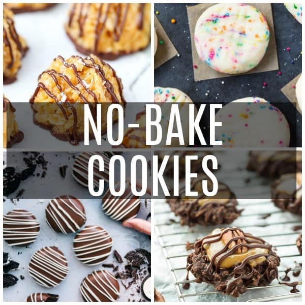 a collage of no-bake cookies including, coconut, unicorn sprinkle, turtle and chocolate frosted.