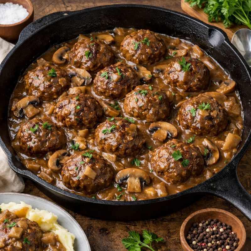 Salisbury steak meatballs simmered in mushroom gravy in a cast iron skillet, garnished with parsley.
