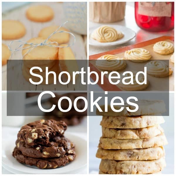 A collage of shortbread cookies; traditional, danish butter, chocolate, and butter pecan.