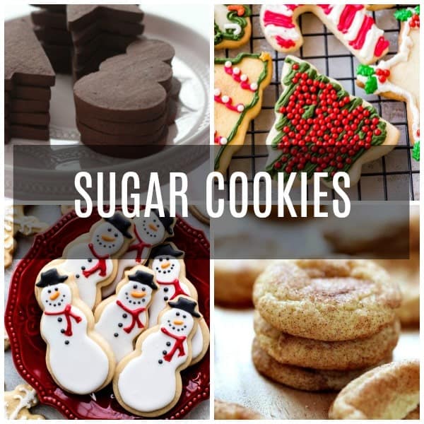 A collage of sugar cookies, chocolate sugar cookies, cut out sugar cookies, snickerdoodles, and decorated sugar cookies.
