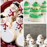A collage image showing differnt cookies included in the round up, sugar cookie cut-outs, filled christmas trees, and meringue snowmen cookies.