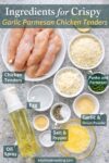 Ingredients for crispy air fryer garlic parmesan chicken tenders, including raw chicken, panko, Parmesan, spices, egg wash, and oil spray on a gray surface.