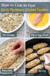 Step-by-step collage showing crispy air fryer garlic parmesan chicken tenders being dipped in egg wash, coated in panko and Parmesan, and placed in the air fryer.