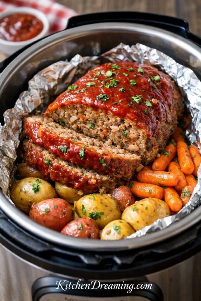 Instant Pot meatloaf and potatoes cooked in a pressure cooker with carrots, sliced meatloaf with ketchup glaze and parsley.