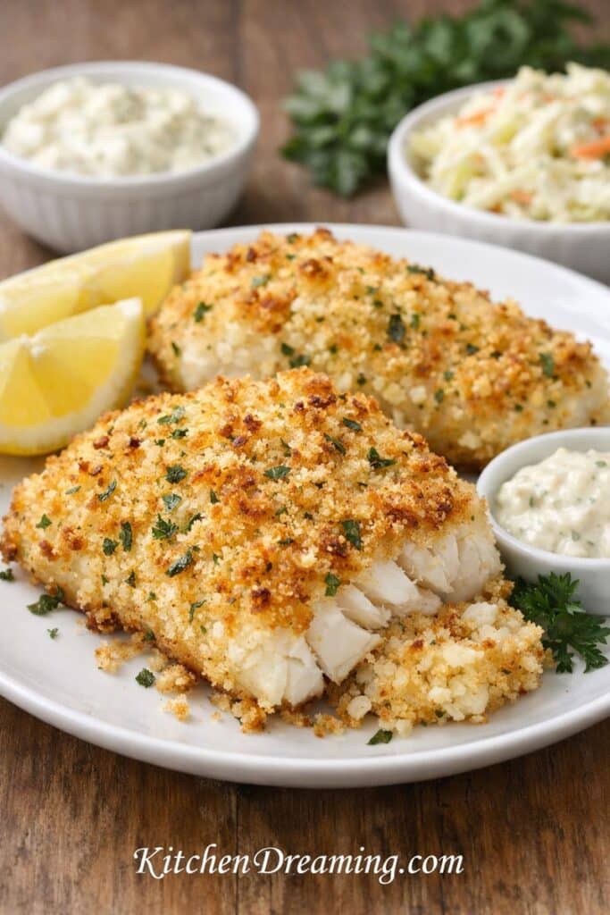 Panko crusted baked cod fish on a plate with lemon wedges and tartar sauce, crispy baked cod recipe that is flaky and oven baked.