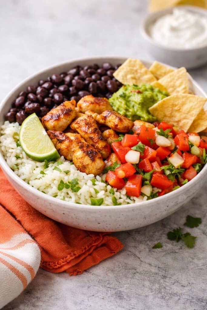 Close-up of chicken burrito bowls with seasoned chicken, cilantro-lime rice, creamy guacamole, black beans, and fresh pico de gallo — easy chicken burrito bowl recipe.