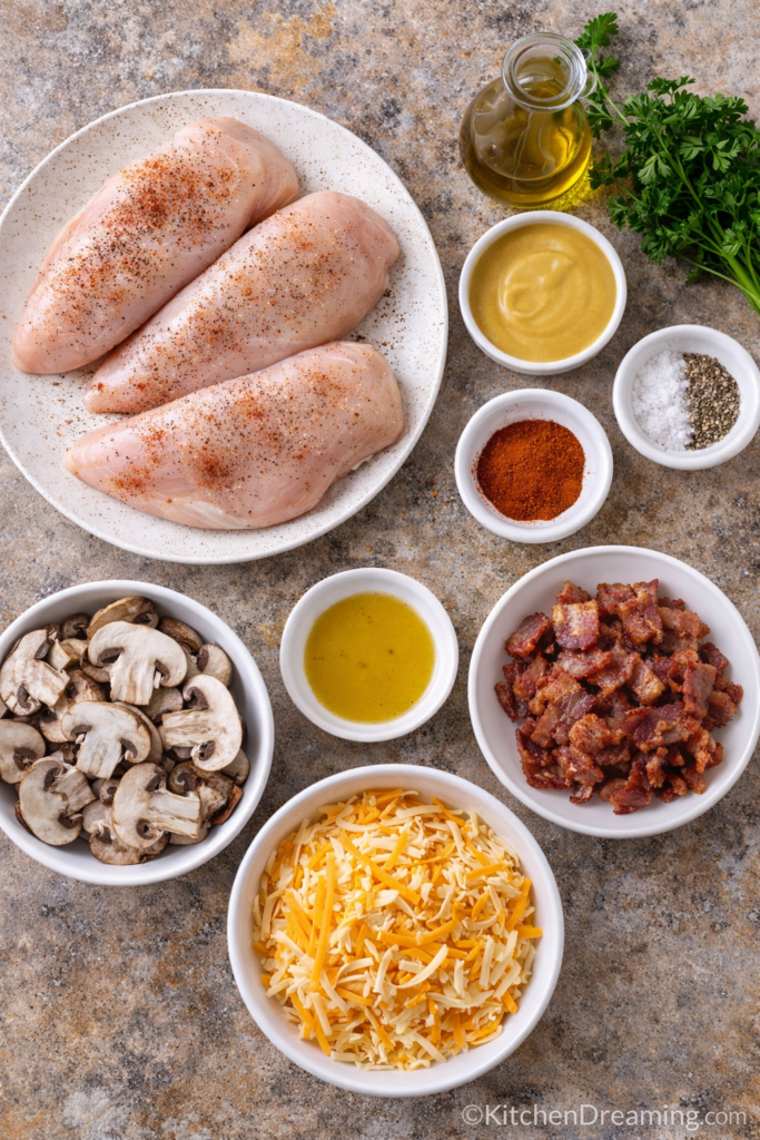 Copycat Outback Alice Springs Chicken Recipe 2 Ingredients for Copycat Outback Alice Springs Chicken including chicken, bacon, mushrooms, and cheese.
