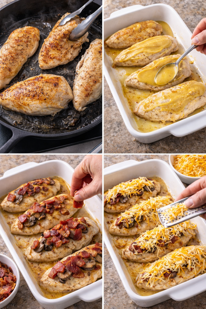 Copycat Outback Alice Springs Chicken Recipe 3 Steps to make Copycat Outback Alice Springs Chicken from searing to topping with cheese.