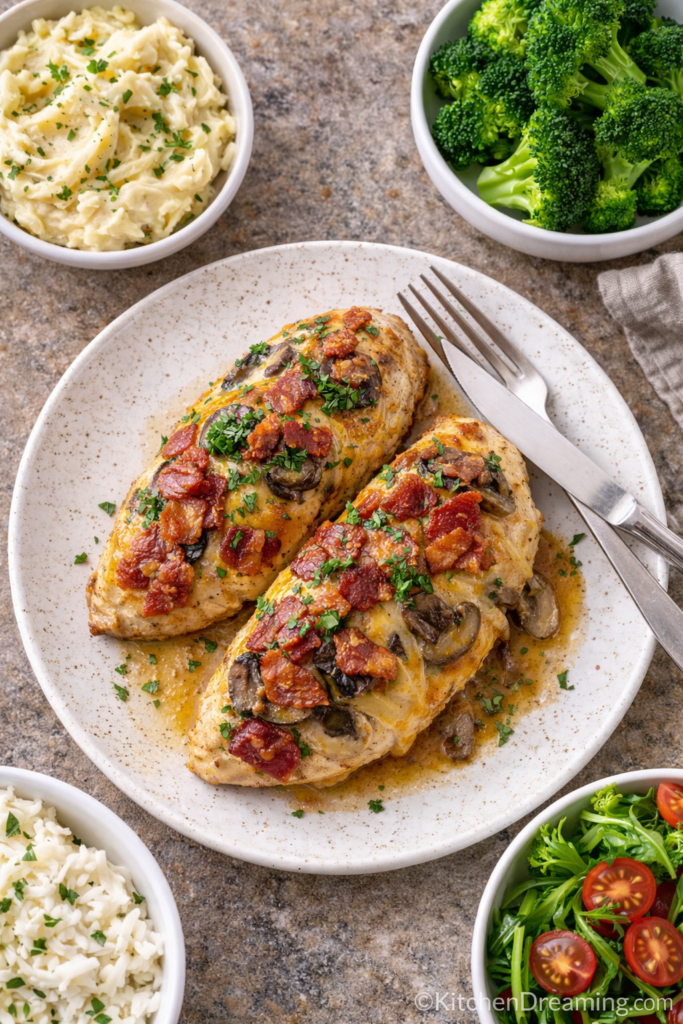 Copycat Outback Alice Springs Chicken Recipe 4 Copycat Outback Alice Springs Chicken served with mashed potatoes and vegetables.