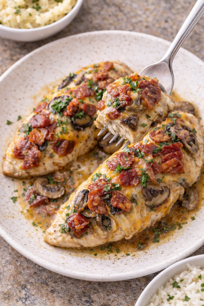 Copycat Outback Alice Springs Chicken Recipe 6 Fork lifting Copycat Outback Alice Springs Chicken topped with bacon and cheese.