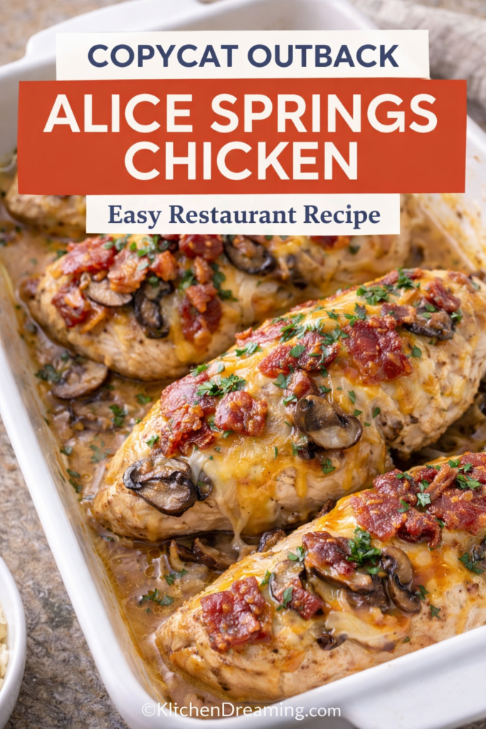 Copycat Outback Alice Springs Chicken Recipe 8 Copycat Outback Alice Springs Chicken topped with bacon, mushrooms, and melted cheese.