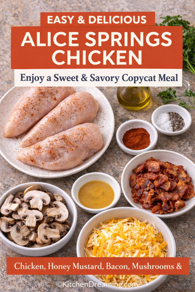 Copycat Outback Alice Springs Chicken Recipe 9 Ingredients for Copycat Outback Alice Springs Chicken including chicken, bacon, mushrooms, and cheese.