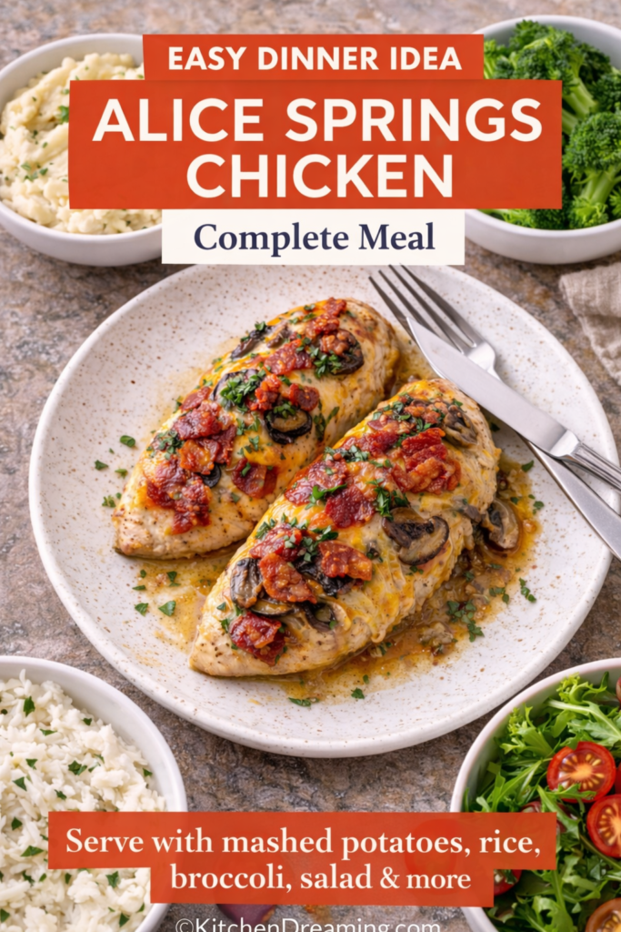 Copycat Outback Alice Springs Chicken Recipe 11 Copycat Outback Alice Springs Chicken served with mashed potatoes and vegetables.