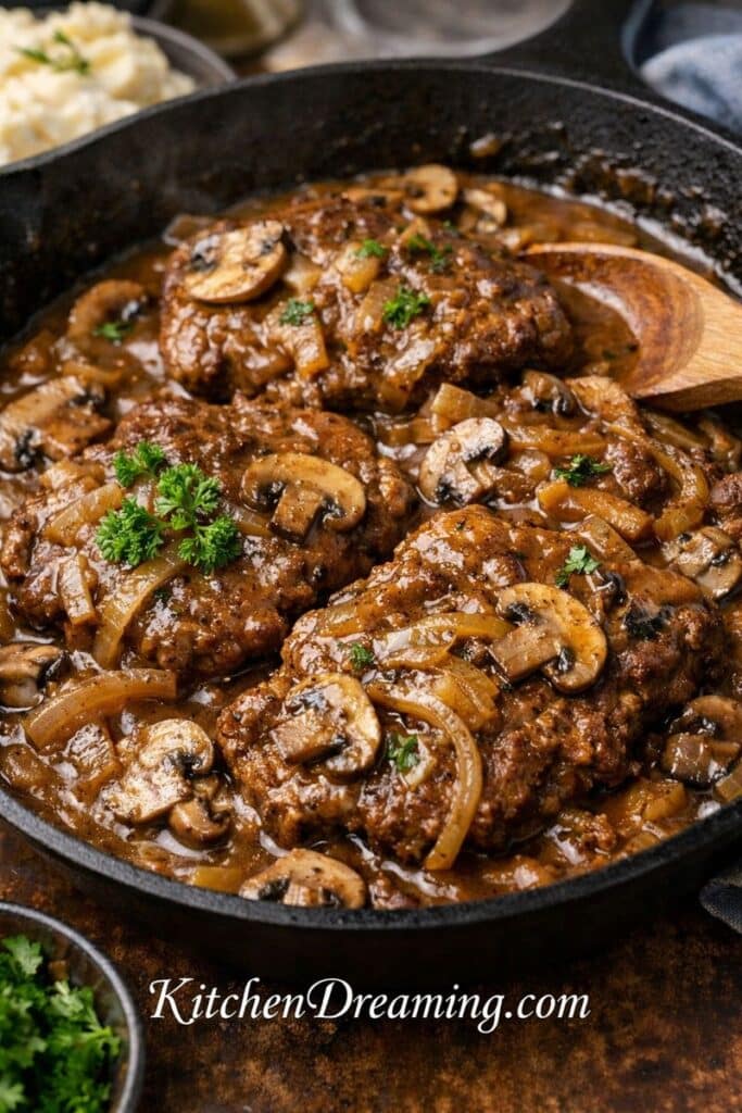 Cube steak with mushroom and onion gravy simmering in a cast iron skillet, finished with tender onions, sautéed mushrooms, and a glossy brown gravy.