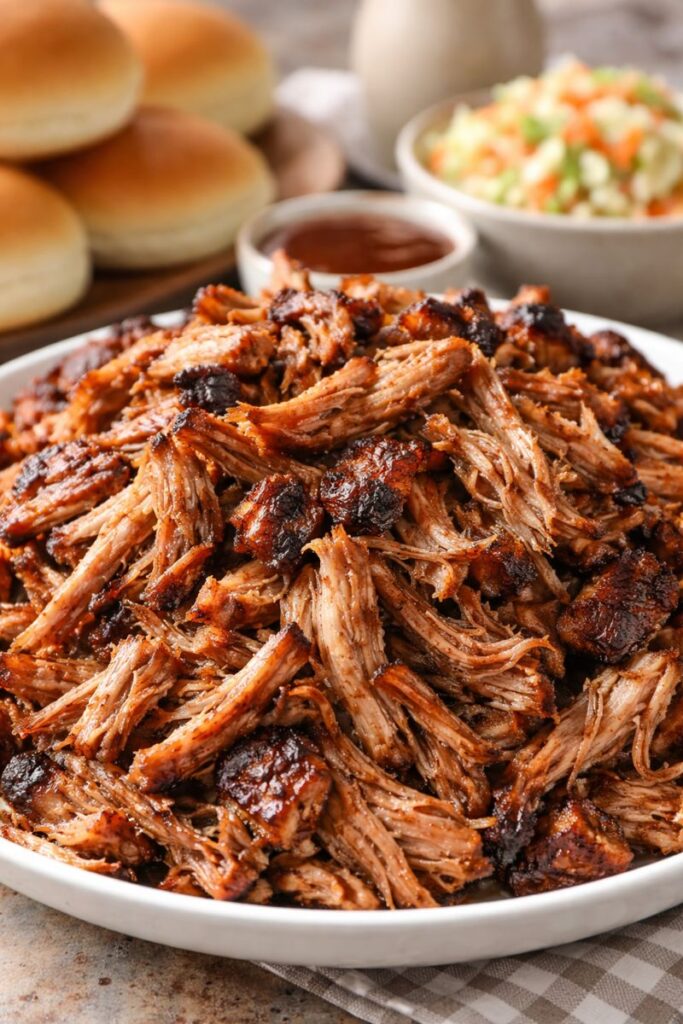 lose-up of oven pulled pork in a white dish with buns, coleslaw, and BBQ sauce; how to make pulled pork in the oven, oven pulled pork no smoker.