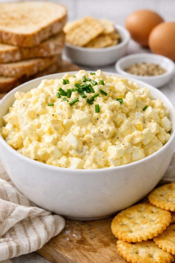 Close-up bowl of egg salad with cream cheese topped with chives, with bread and crackers in the background.