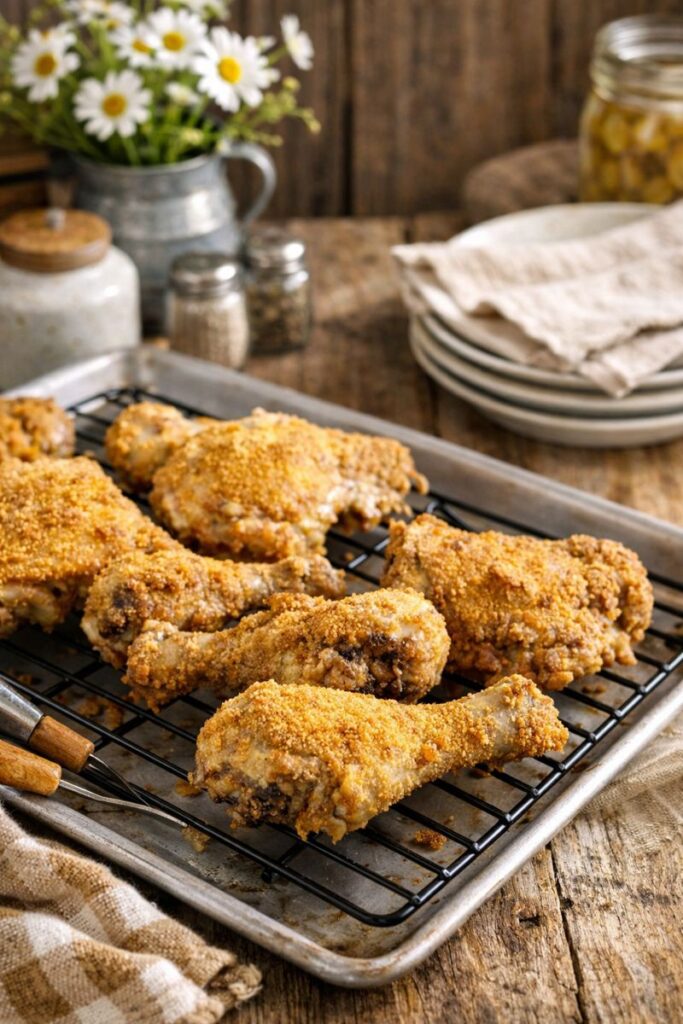 Crispy oven fried chicken cooling on a wire rack, golden brown and baked for a healthier fried chicken recipe.
