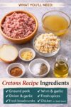 French-Canadian cretons recipe ingredients laid out: ground pork, onion, garlic, broth, breadcrumbs, cinnamon, allspice, salt, pepper, and oil.