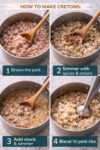 French-Canadian cretons recipe step-by-step collage showing browning pork, adding onions and spices, simmering with broth, then blending to a spread.