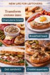 French-Canadian cretons recipe leftovers shown as breakfast toast, a deli-style sandwich with pickles, and crostini topped with cretons and onions.