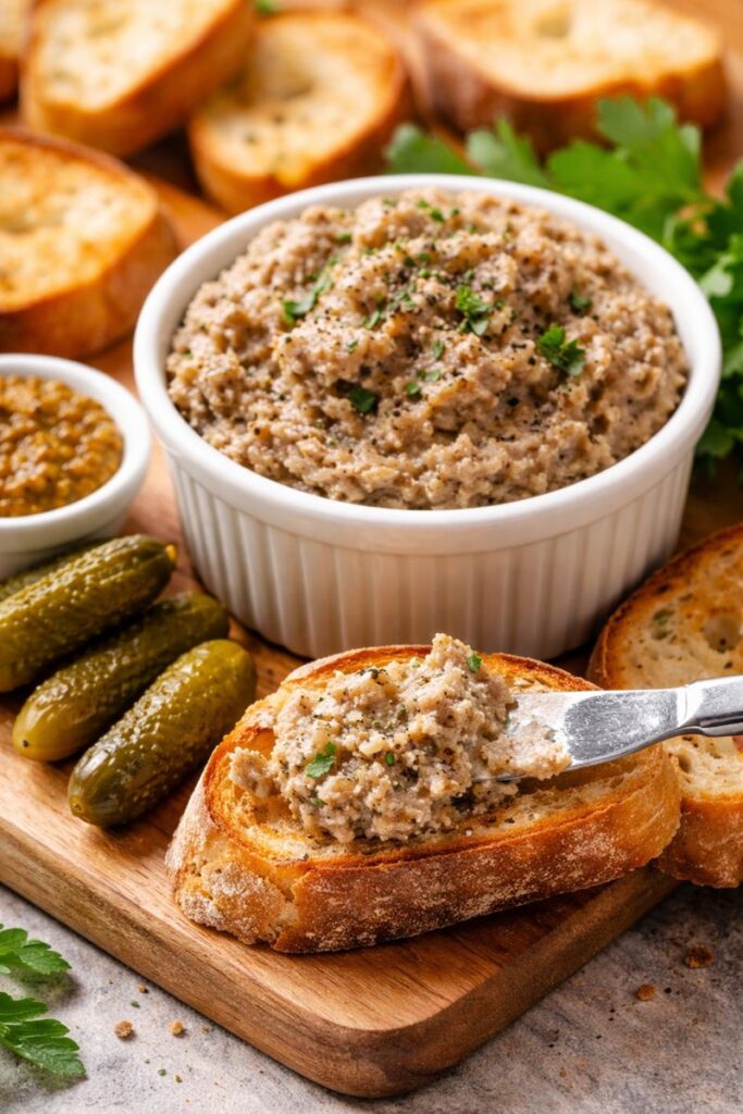 French-Canadian cretons recipe in a ramekin with toasted bread, a knife spreading the pork pâté-style spread, and pickles on a wooden board.