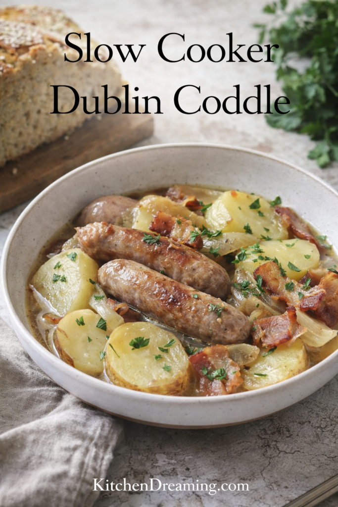 Slow cooker Dublin coddle with sausages, bacon, and potatoes in a savory broth.