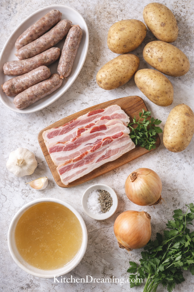 Slow Cooker Dublin Coddle (Authentic Irish Sausage Stew) 2 Slow cooker Dublin coddle ingredients including sausage, bacon, potatoes, and onions.