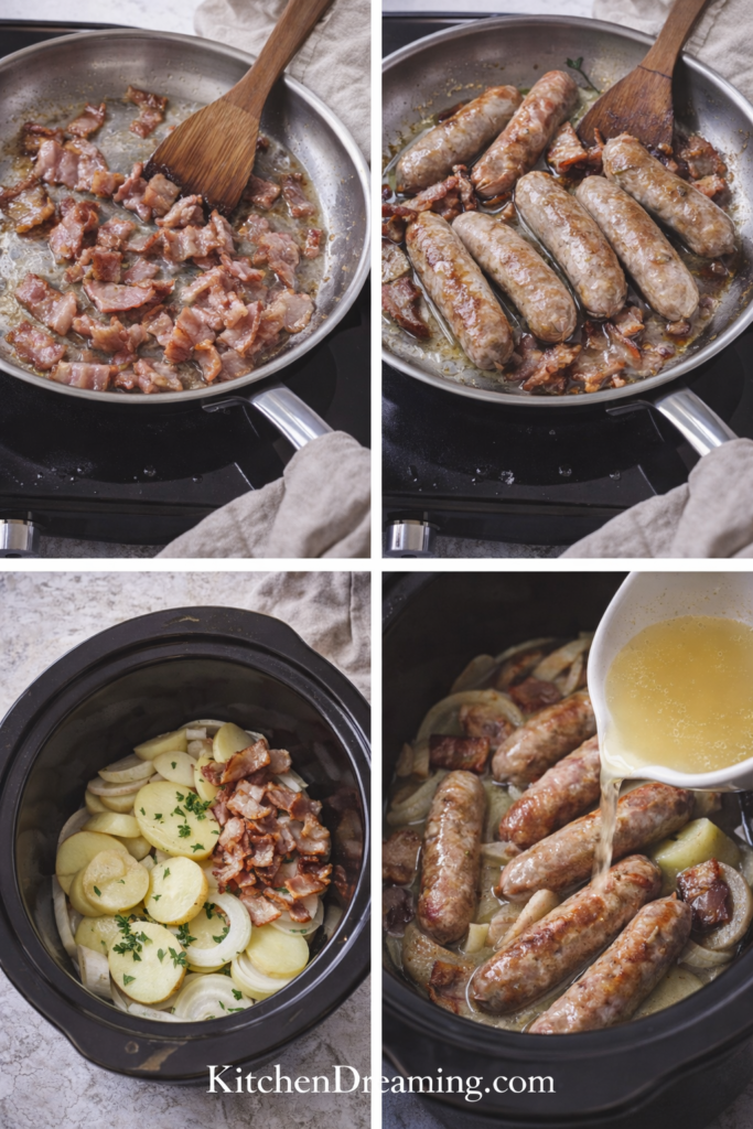 Slow Cooker Dublin Coddle (Authentic Irish Sausage Stew) 3 Slow cooker Dublin coddle step-by-step process including browning sausage and layering potatoes.