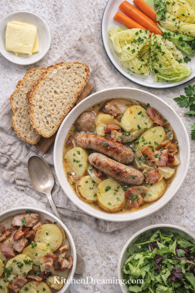 Slow Cooker Dublin Coddle (Authentic Irish Sausage Stew) 4 Slow cooker Dublin coddle served with soda bread and cabbage.