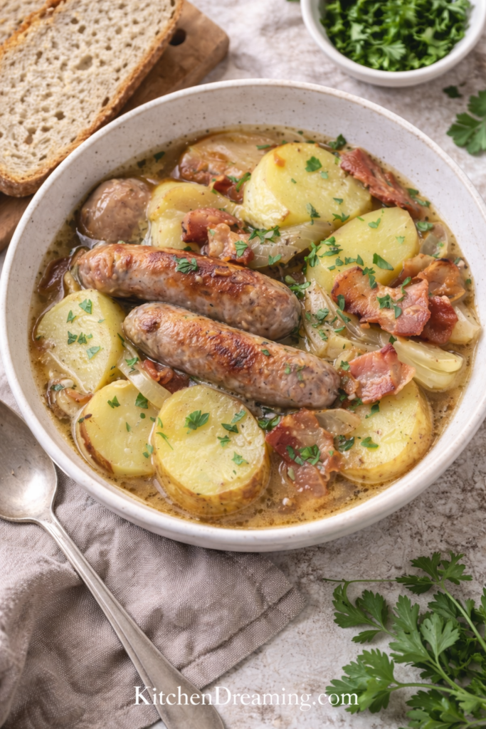 Slow Cooker Dublin Coddle (Authentic Irish Sausage Stew) 6 Slow cooker Dublin coddle close-up with sausage, potatoes, and bacon.