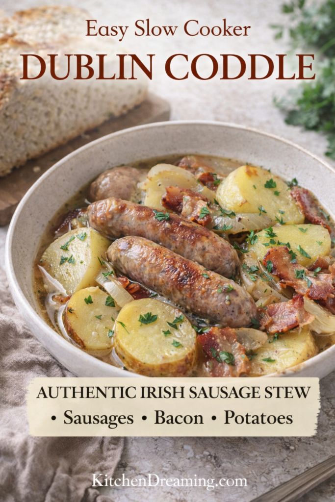 Slow Cooker Dublin Coddle (Authentic Irish Sausage Stew) 9 Slow cooker Dublin coddle with sausages, bacon, and potatoes in a savory broth.
