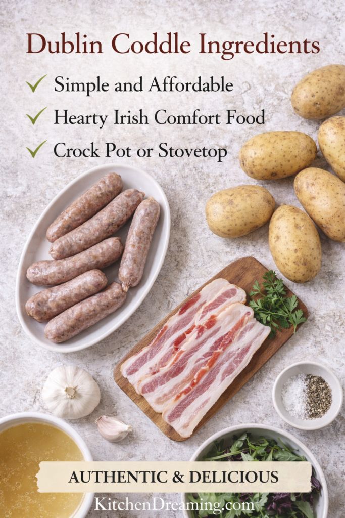 Slow Cooker Dublin Coddle (Authentic Irish Sausage Stew) 10 Slow cooker Dublin coddle ingredients with sausage, bacon, potatoes, onions, and broth.