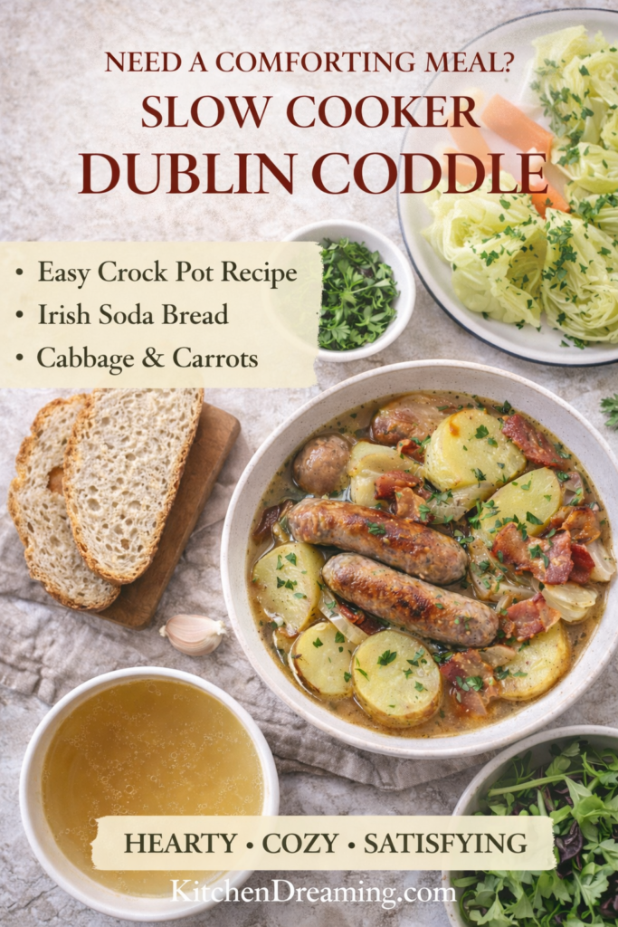 Slow Cooker Dublin Coddle (Authentic Irish Sausage Stew) 11 Slow cooker Dublin coddle step-by-step with browned sausage, bacon, potatoes, and broth.