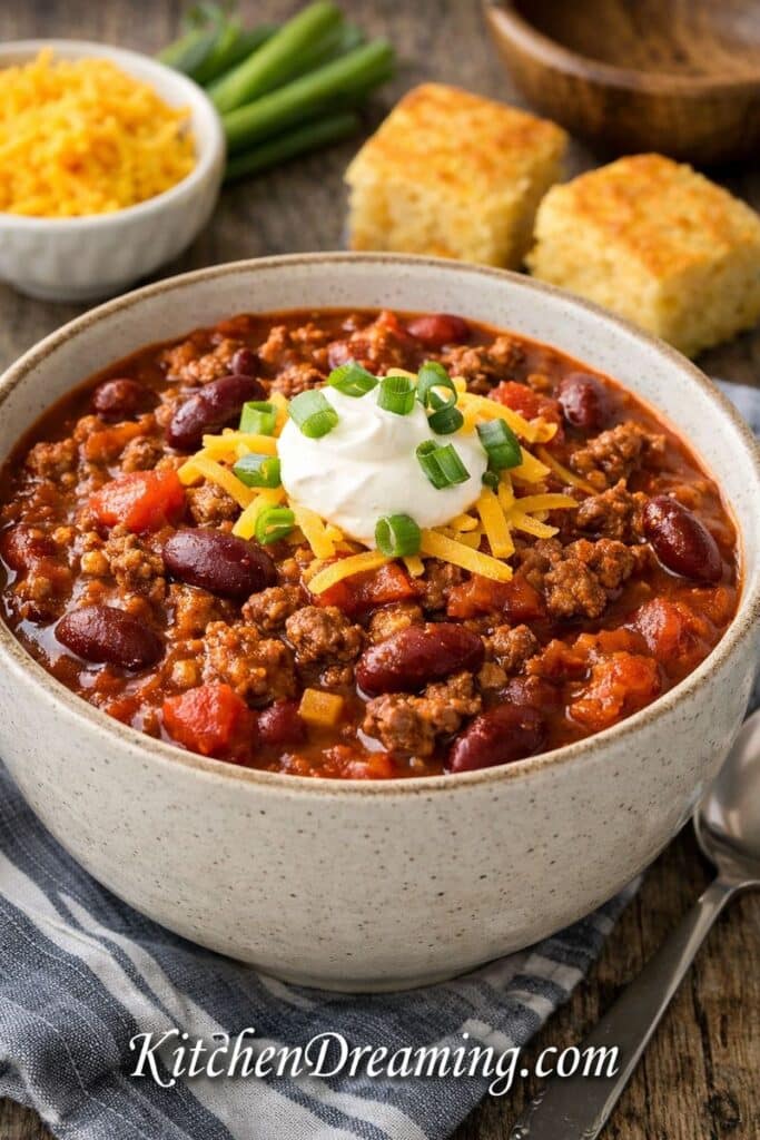 Bowl of ground beef chili with beans topped with cheese and sour cream.