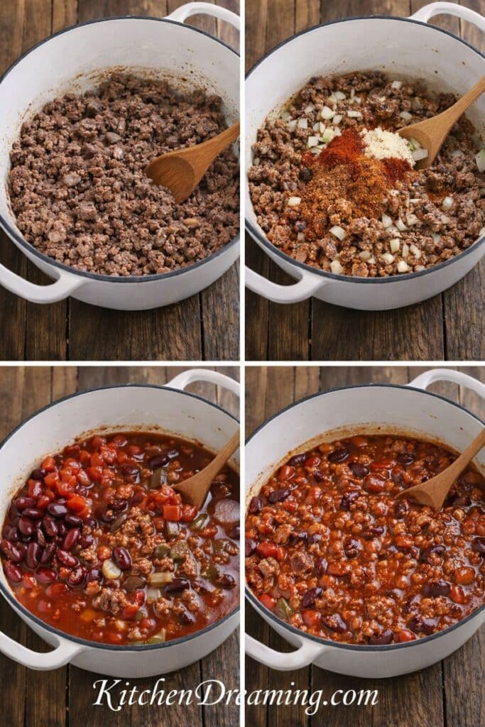 Four-step collage showing how to make ground beef chili with beans on the stovetop.