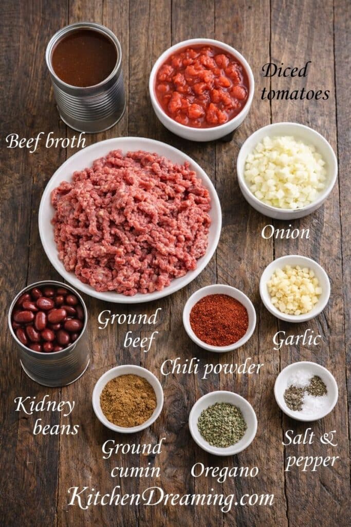 Labeled ingredients for ground beef chili with beans on a wooden surface.