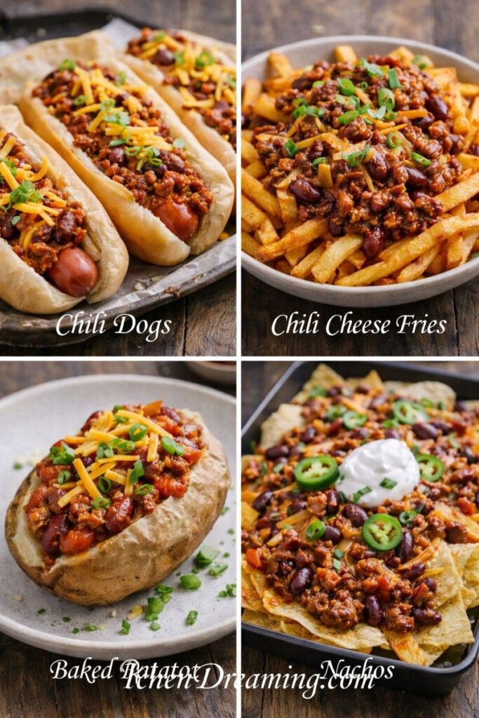 Collage showing leftover chili ideas including chili dogs, chili fries, baked potato, and nachos.