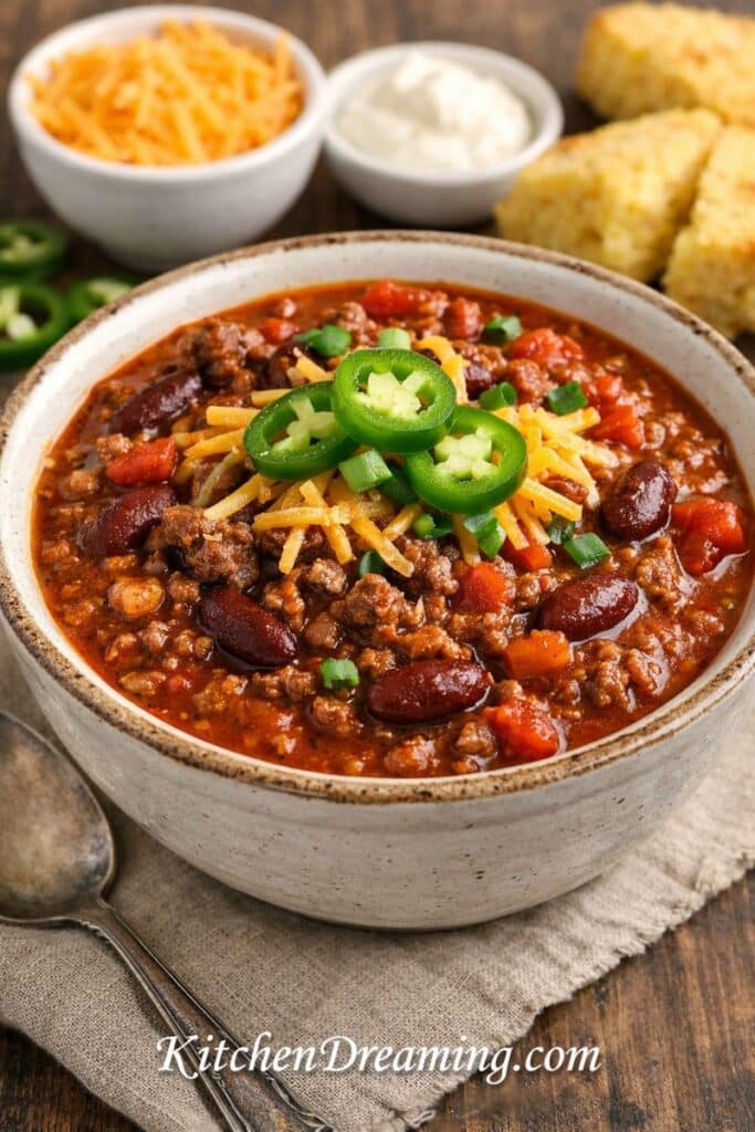 Bowl of ground beef chili with beans topped with cheese and jalapenos.