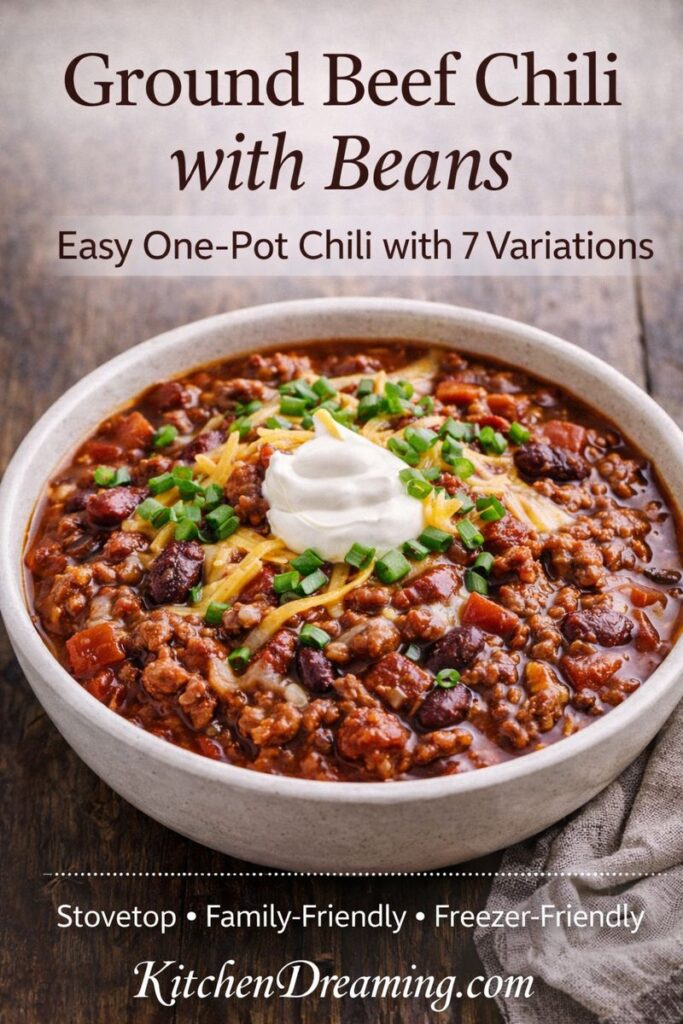 Close-up of ground beef chili with beans in a bowl on a wooden surface.