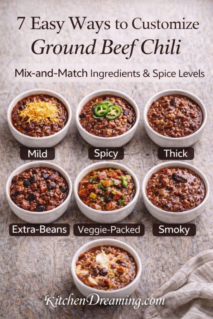 Seven small bowls showing different variations of ground beef chili.