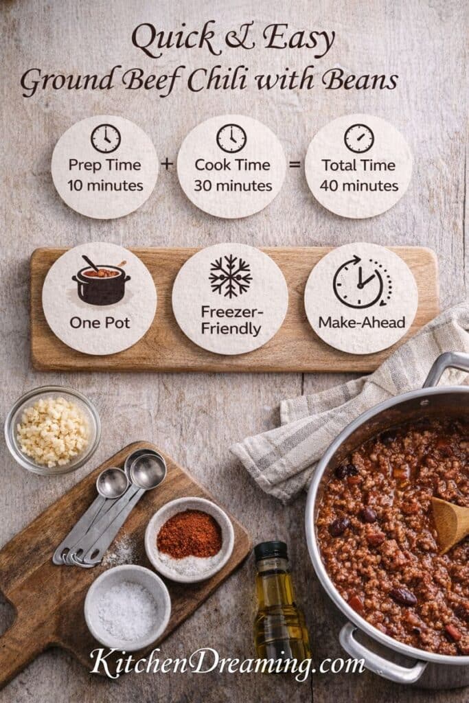 Time and ease graphic showing prep time, cook time, and total time for ground beef chili with beans.
